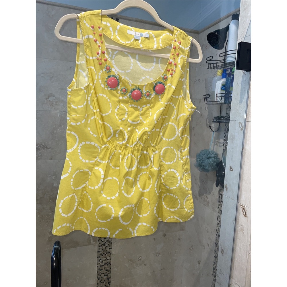 Boden Chic Beaded Top Yellow White Geometric Peplum Cotton Tank Size 10
